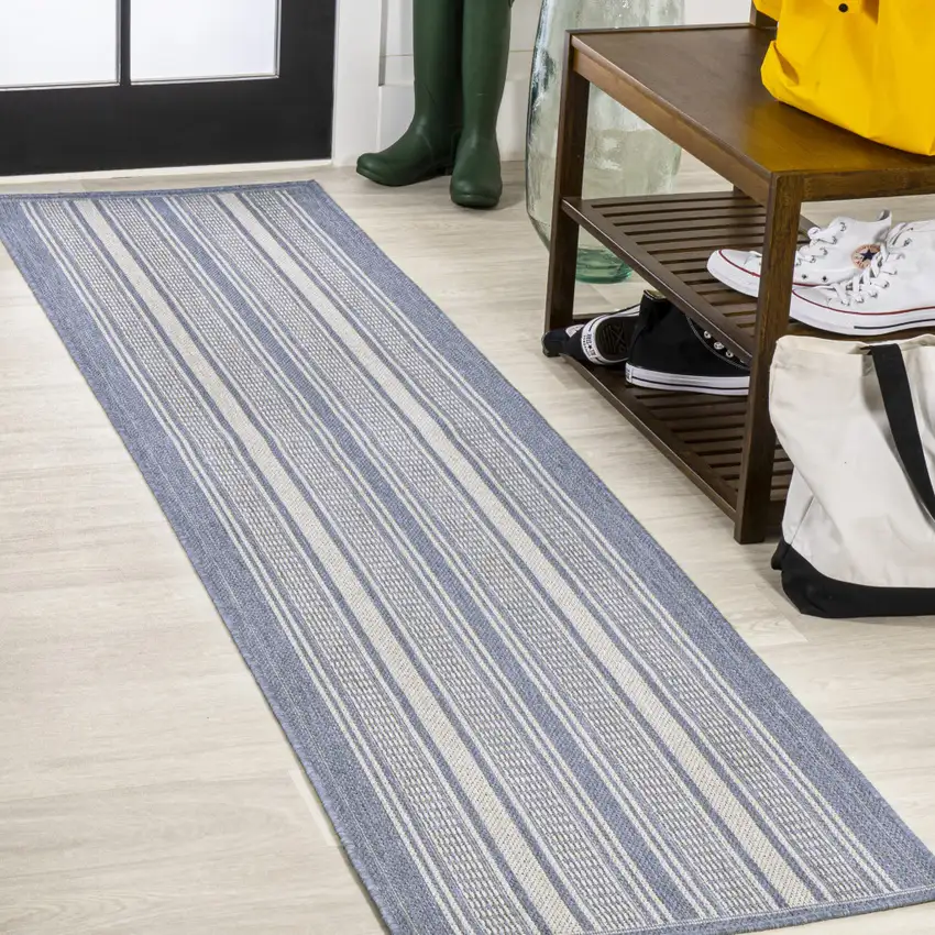 8' Blue And Light Gray Striped Indoor Outdoor Runner Rug Photo 1