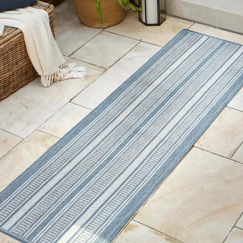 8' Blue And Light Gray Striped Indoor Outdoor Runner Rug Photo 2