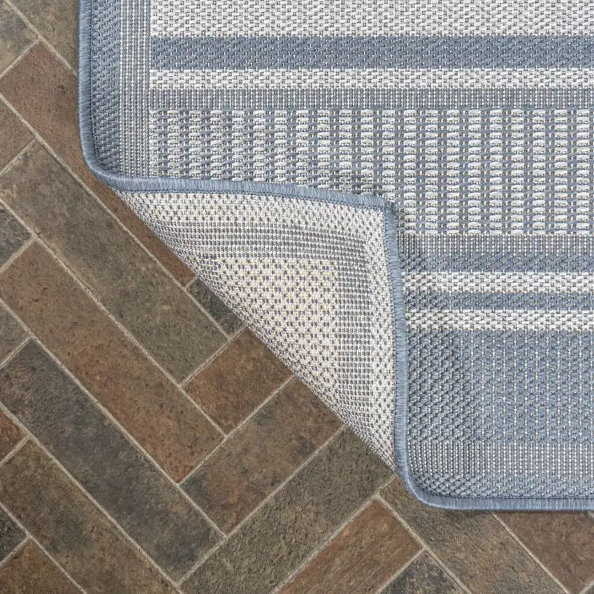 8' Blue And Light Gray Striped Indoor Outdoor Runner Rug Photo 6