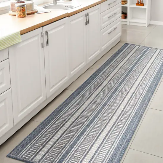 8' Blue And Light Gray Striped Indoor Outdoor Runner Rug Photo 3