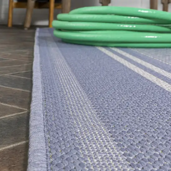 8' Blue And Light Gray Striped Indoor Outdoor Runner Rug Photo 4