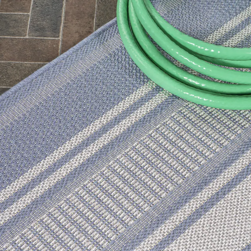 8' Blue And Light Gray Striped Indoor Outdoor Runner Rug Photo 8