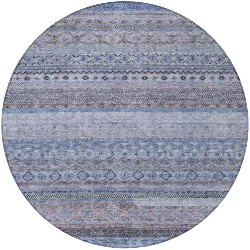 8' Blue And Lilac Round Striped Washable Indoor Outdoor Area Rug Photo 4