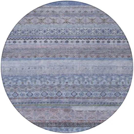 8' Blue And Lilac Round Striped Washable Indoor Outdoor Area Rug Photo 4