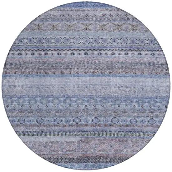 8' Blue And Lilac Round Striped Washable Indoor Outdoor Area Rug Photo 2