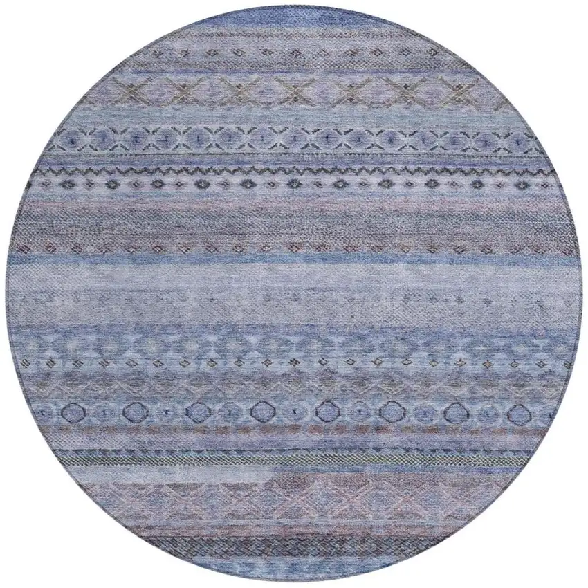 8' Blue And Lilac Round Striped Washable Indoor Outdoor Area Rug Photo 2
