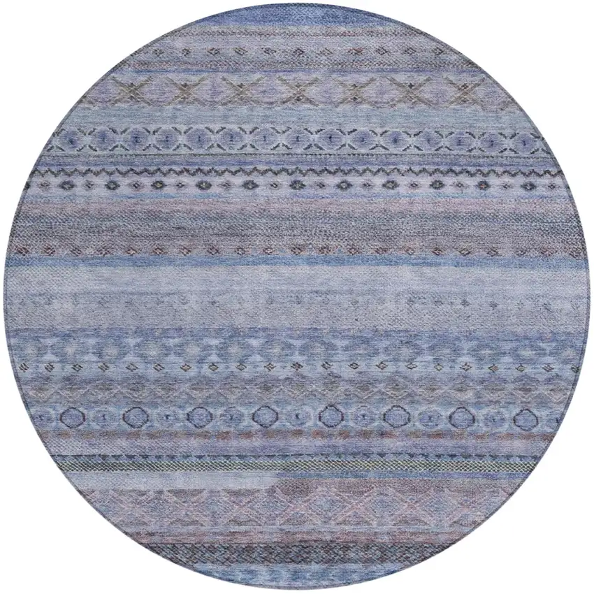 8' Blue And Lilac Round Striped Washable Indoor Outdoor Area Rug Photo 3