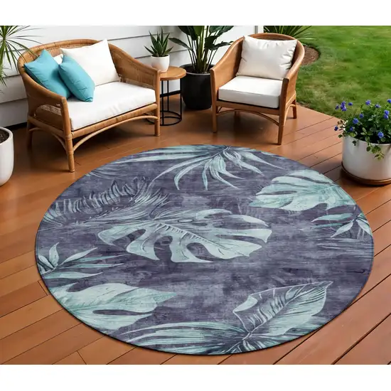 8' Blue And Mint Green Round Floral Washable Indoor Outdoor Area Rug Photo 2