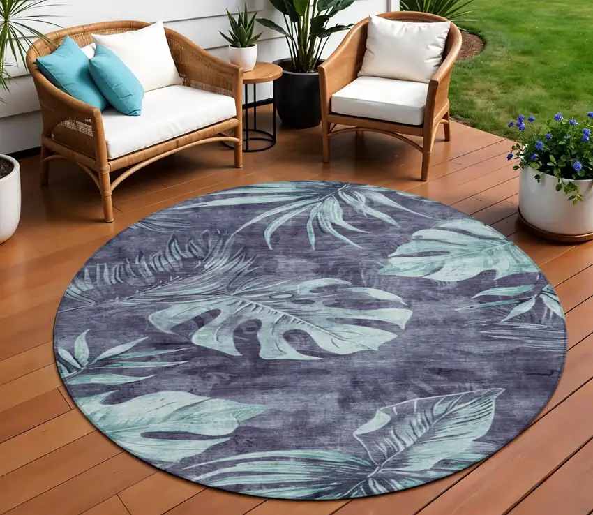8' Blue And Mint Green Round Floral Washable Indoor Outdoor Area Rug Photo 2