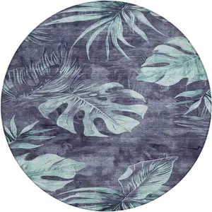 Photo of 8' Blue And Mint Green Round Floral Washable Indoor Outdoor Area Rug