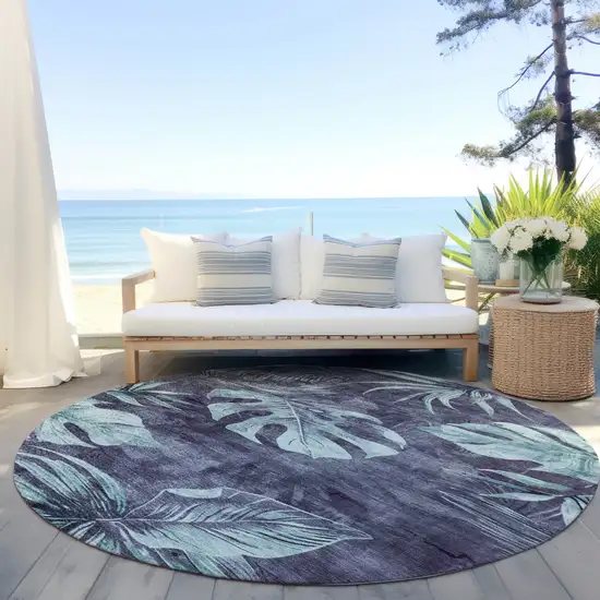 8' Blue And Mint Green Round Floral Washable Indoor Outdoor Area Rug Photo 5
