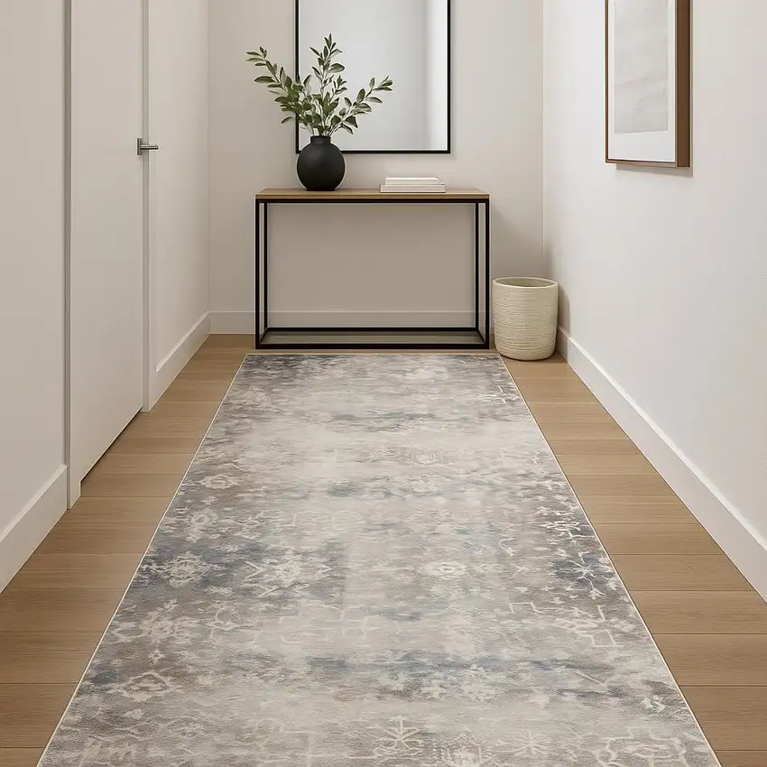 18' Blue And Navy Blue Abstract Runner Rug Photo 2