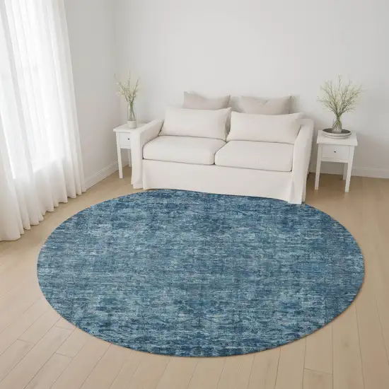 8' Blue And Navy Blue Oriental Washable Round Rug With UV Protection Photo 3