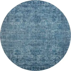 Photo of 8' Blue And Navy Blue Oriental Washable Round Rug With UV Protection