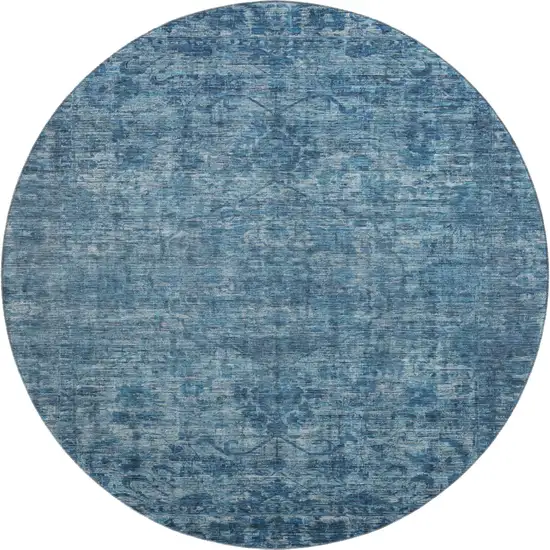 8' Blue And Navy Blue Oriental Washable Round Rug With UV Protection Photo 1