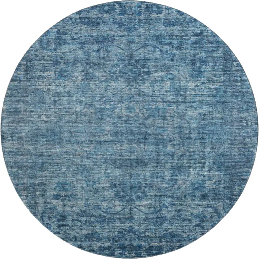 8' Blue And Navy Blue Oriental Washable Round Rug With UV Protection Photo 1