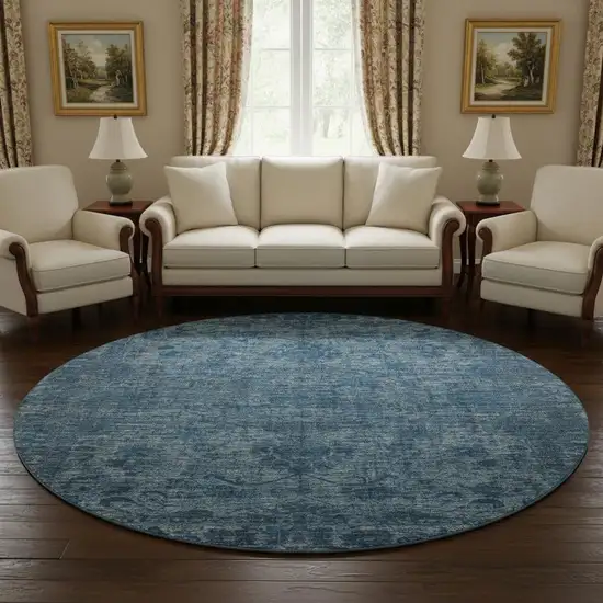 8' Blue And Navy Blue Oriental Washable Round Rug With UV Protection Photo 2