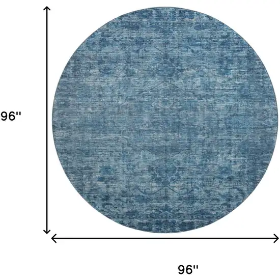 8' Blue And Navy Blue Oriental Washable Round Rug With UV Protection Photo 9