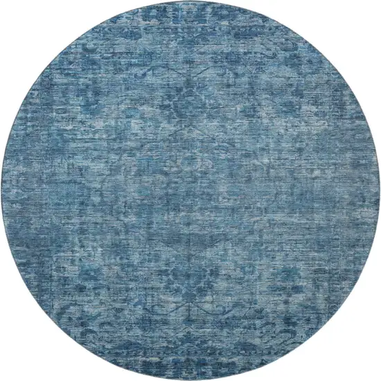 8' Blue And Navy Blue Oriental Washable Round Rug With UV Protection Photo 2