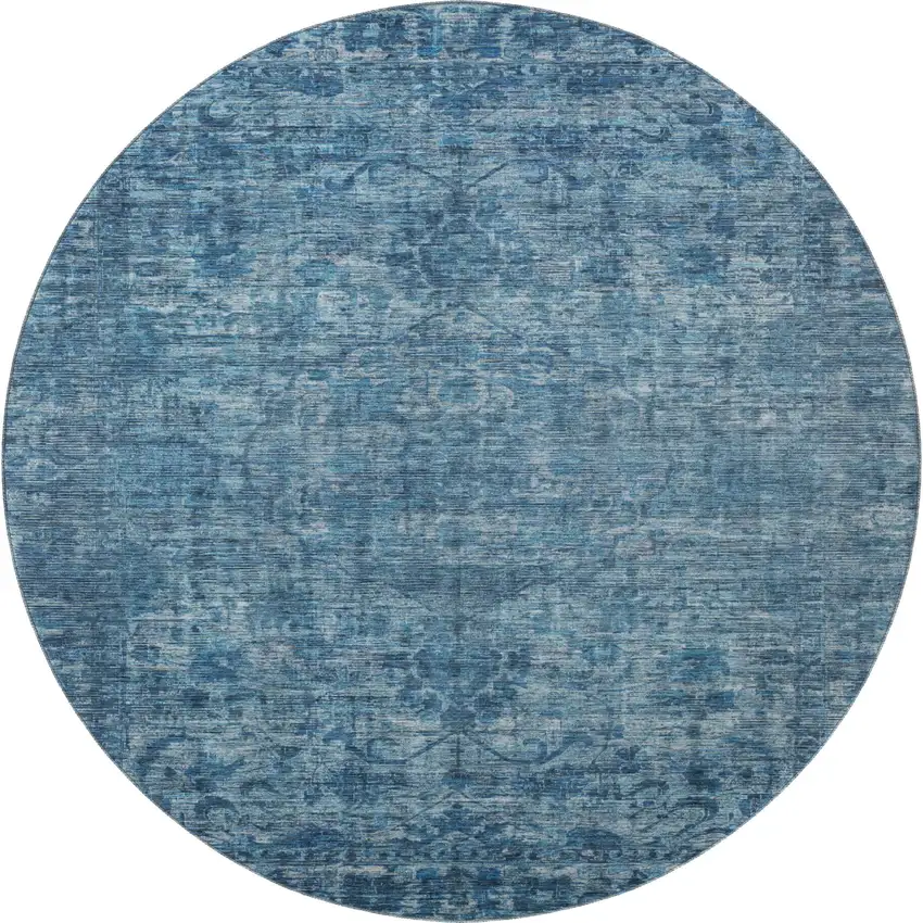 8' Blue And Navy Blue Oriental Washable Round Rug With UV Protection Photo 2