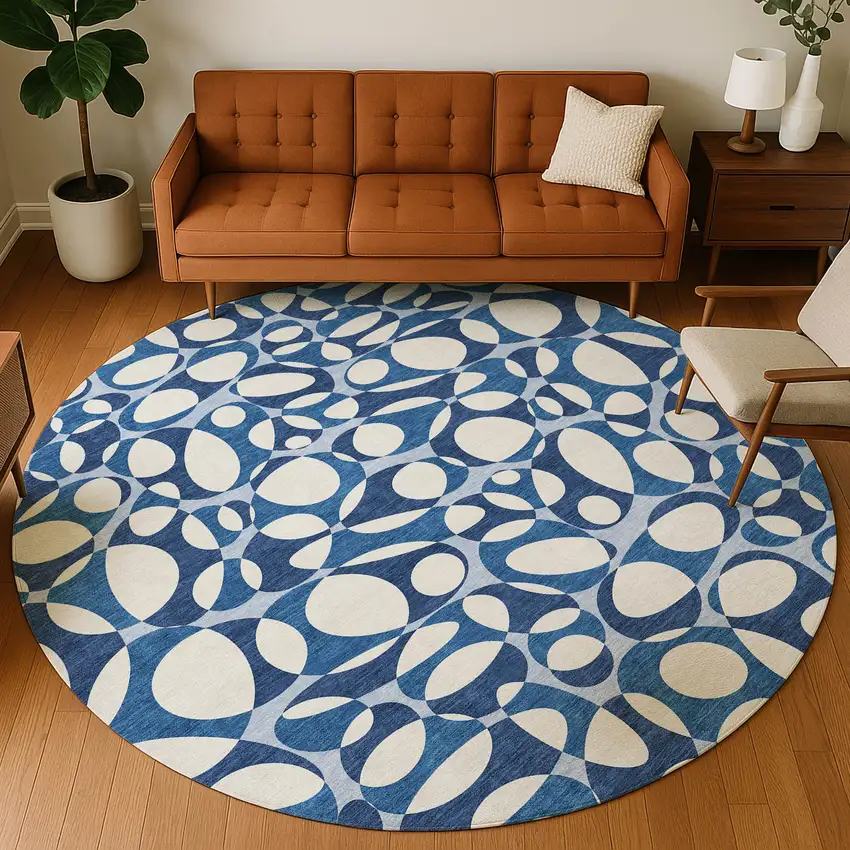 8' Blue And Navy Blue Round Abstract Washable Indoor Outdoor Area Rug Photo 5