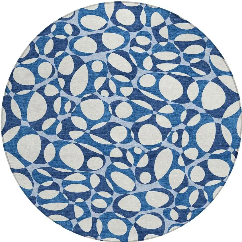 8' Blue And Navy Blue Round Abstract Washable Indoor Outdoor Area Rug Photo 3