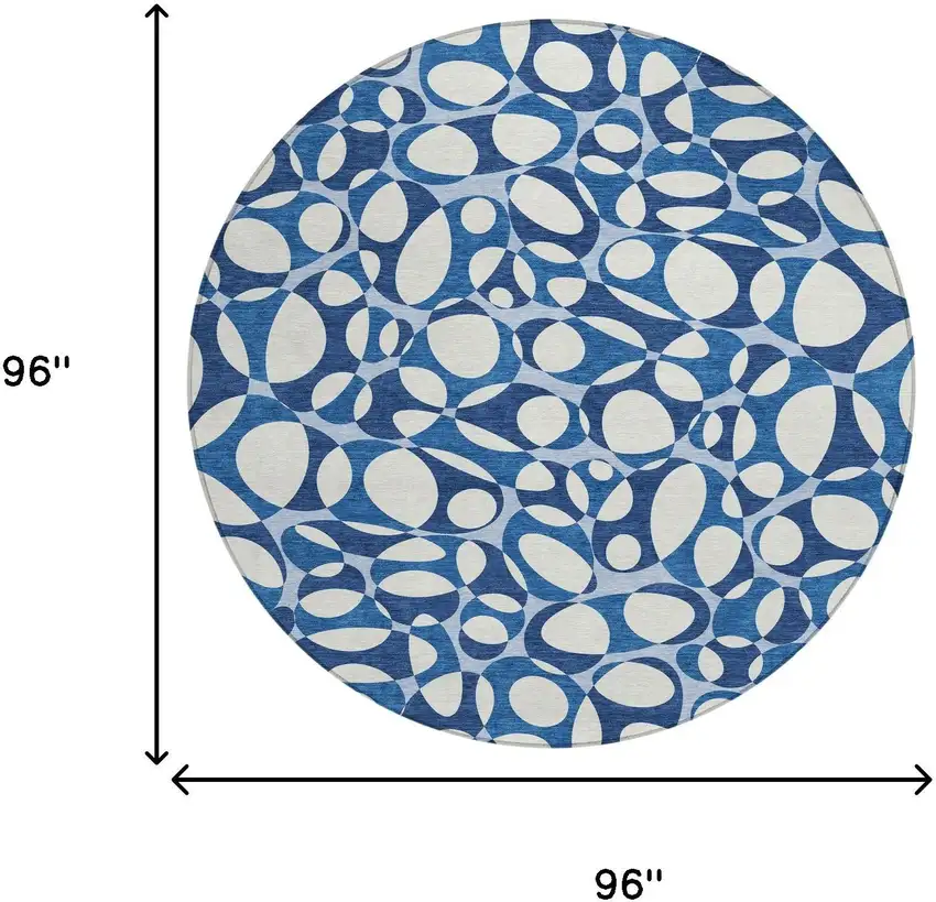 8' Blue And Navy Blue Round Abstract Washable Indoor Outdoor Area Rug Photo 8