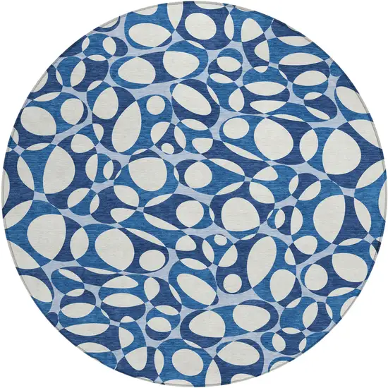 8' Blue And Navy Blue Round Abstract Washable Indoor Outdoor Area Rug Photo 1