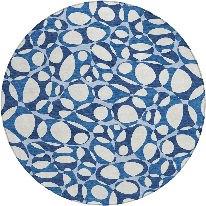 8' Blue And Navy Blue Round Abstract Washable Indoor Outdoor Area Rug Photo 1