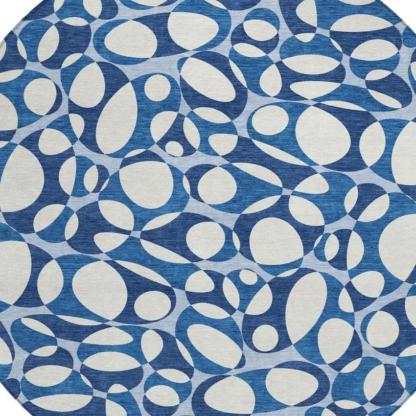 8' Blue And Navy Blue Round Abstract Washable Indoor Outdoor Area Rug Photo 2