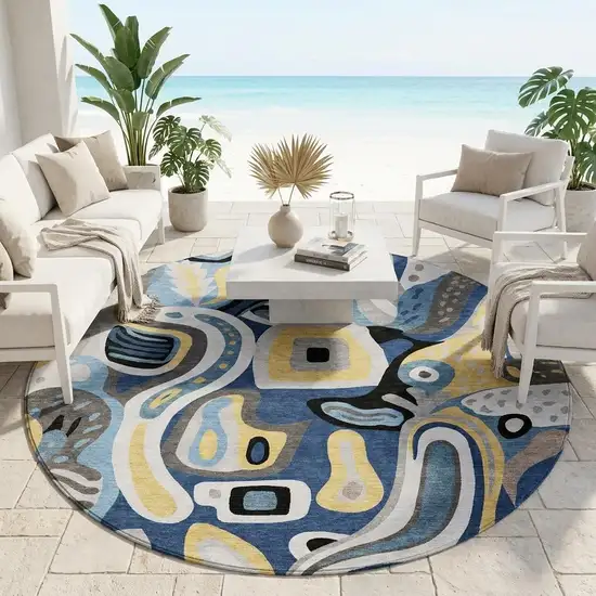 8' Blue And Navy Blue Round Abstract Washable Indoor Outdoor Area Rug Photo 1