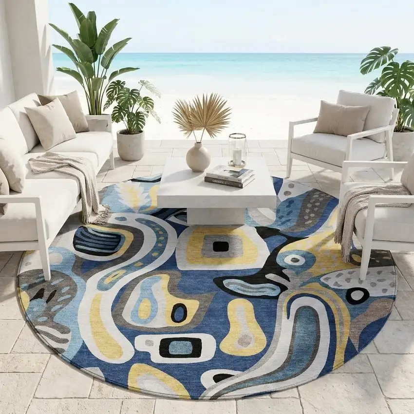 8' Blue And Navy Blue Round Abstract Washable Indoor Outdoor Area Rug Photo 1