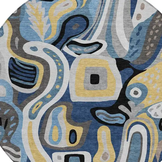 8' Blue And Navy Blue Round Abstract Washable Indoor Outdoor Area Rug Photo 3