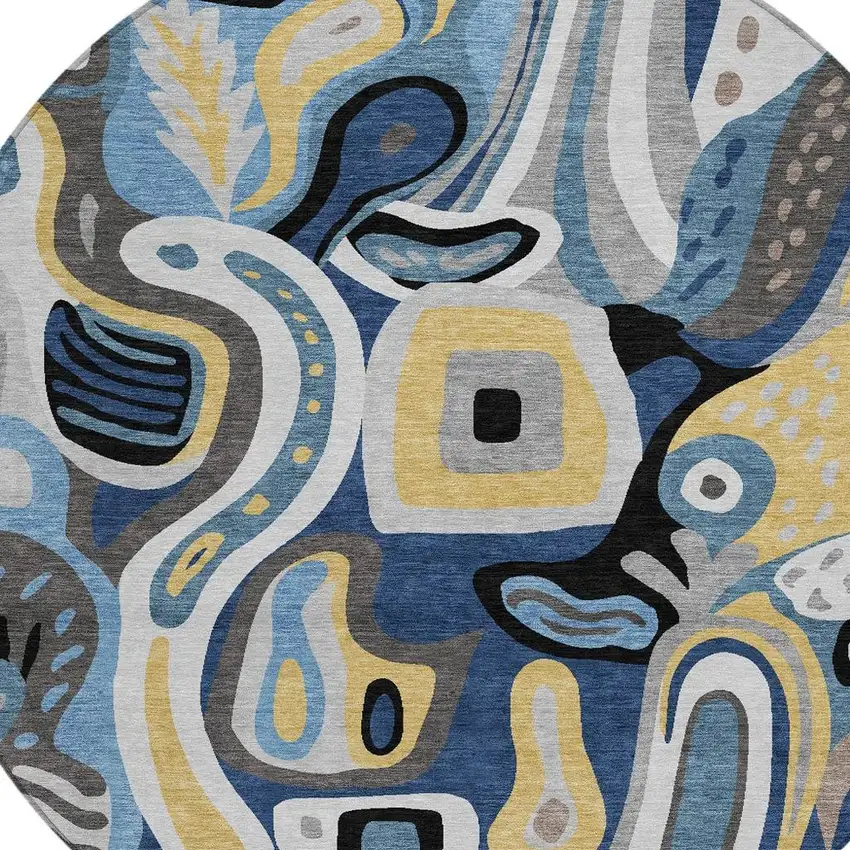 8' Blue And Navy Blue Round Abstract Washable Indoor Outdoor Area Rug Photo 3