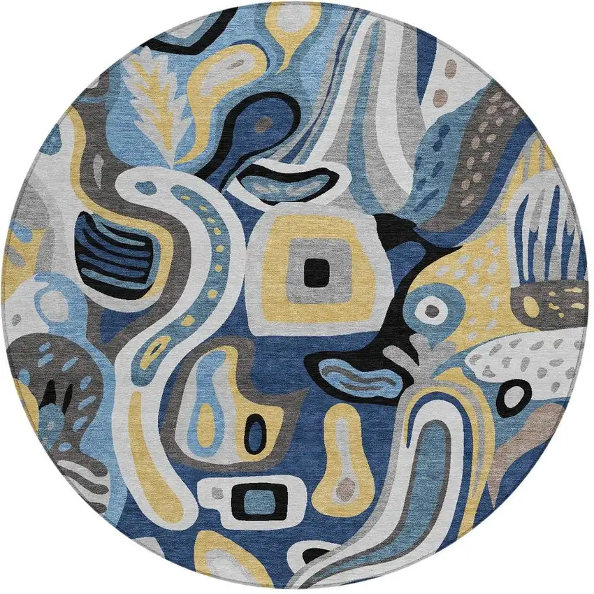 8' Blue And Navy Blue Round Abstract Washable Indoor Outdoor Area Rug Photo 4