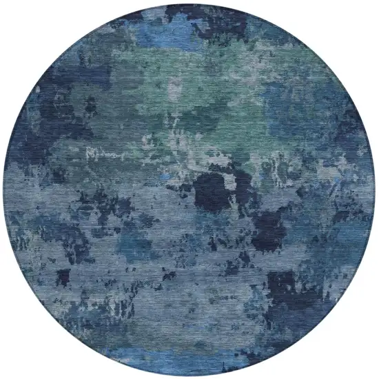 8' Blue And Navy Blue Round Abstract Washable Indoor Outdoor Area Rug Photo 2
