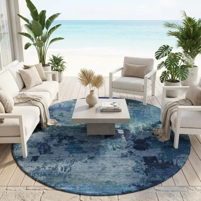 8' Blue And Navy Blue Round Abstract Washable Indoor Outdoor Area Rug Photo 1