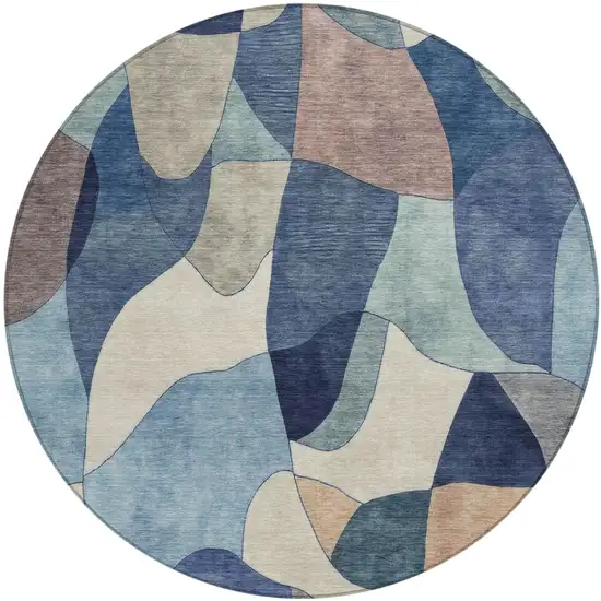 8' Blue And Navy Blue Round Abstract Washable Indoor Outdoor Area Rug Photo 2