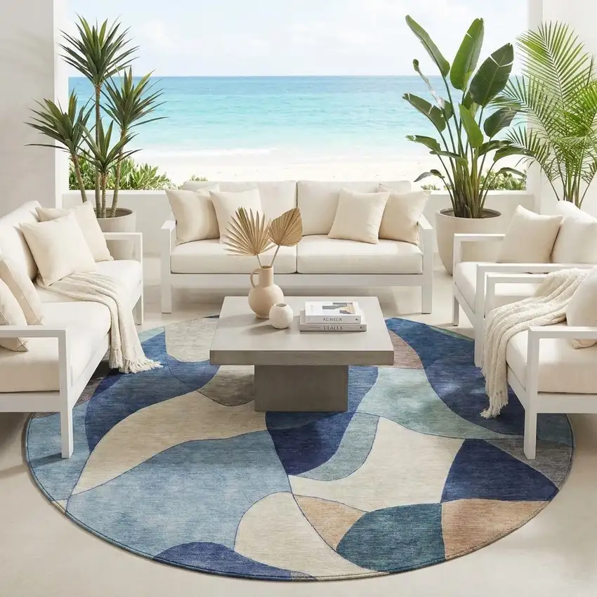 8' Blue And Navy Blue Round Abstract Washable Indoor Outdoor Area Rug Photo 1