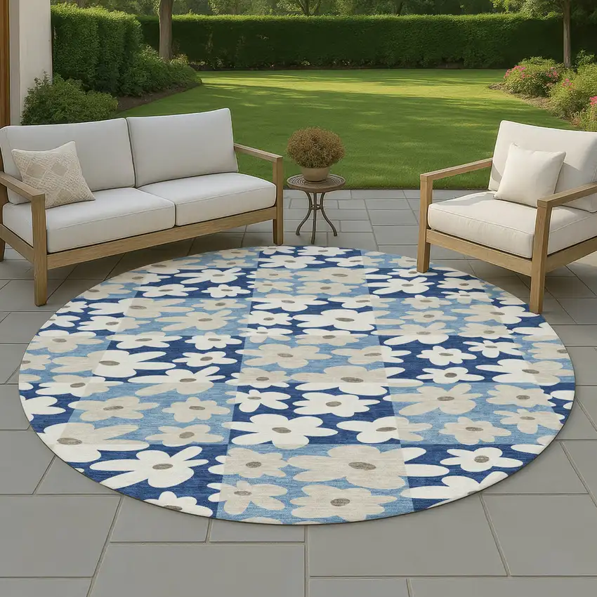 8' Blue And Navy Blue Round Floral Washable Indoor Outdoor Area Rug Photo 4