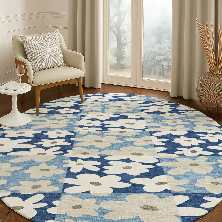 8' Blue And Navy Blue Round Floral Washable Indoor Outdoor Area Rug Photo 5