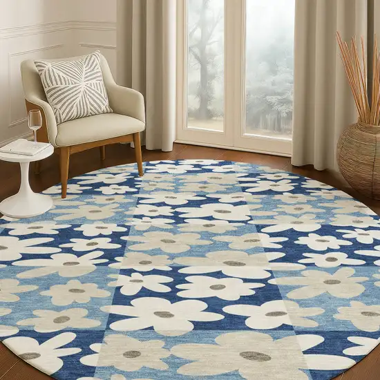 8' Blue And Navy Blue Round Floral Washable Indoor Outdoor Area Rug Photo 5