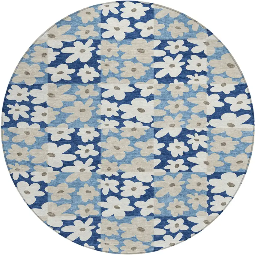 8' Blue And Navy Blue Round Floral Washable Indoor Outdoor Area Rug Photo 1