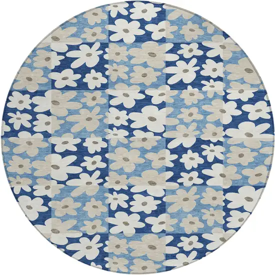 8' Blue And Navy Blue Round Floral Washable Indoor Outdoor Area Rug Photo 1