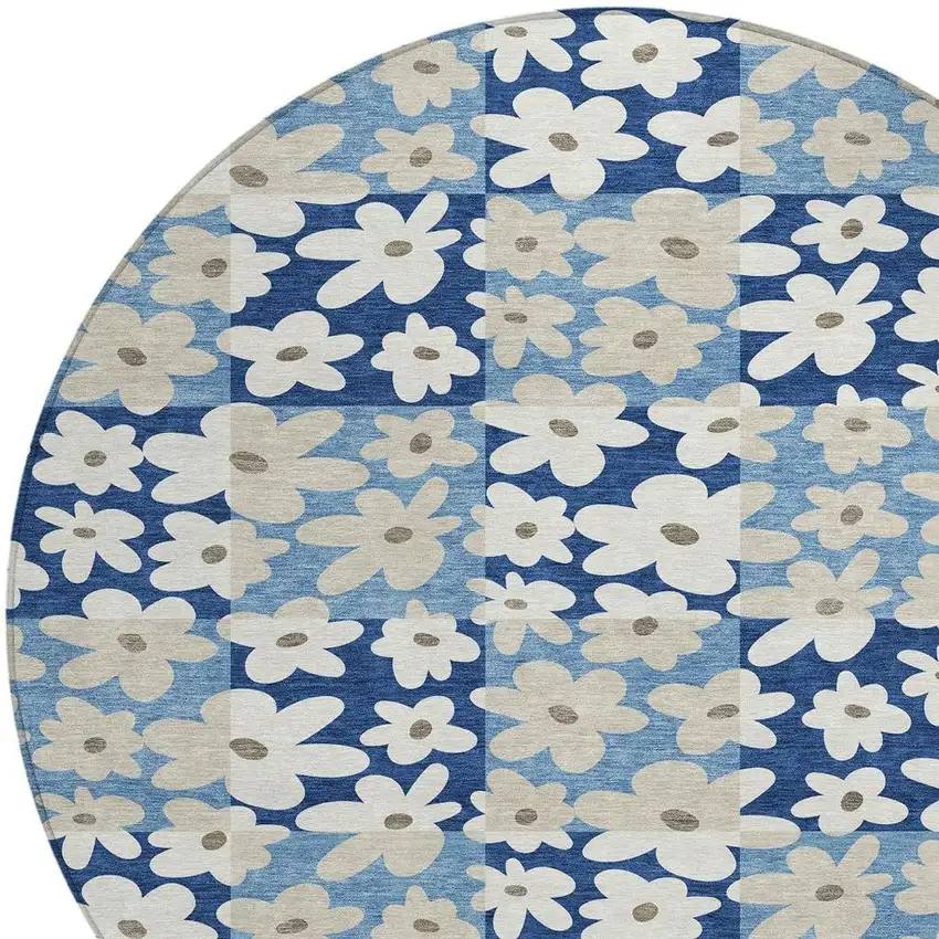 8' Blue And Navy Blue Round Floral Washable Indoor Outdoor Area Rug Photo 2