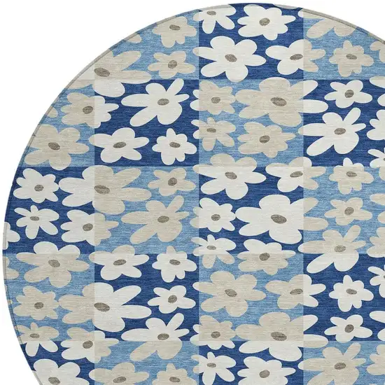 8' Blue And Navy Blue Round Floral Washable Indoor Outdoor Area Rug Photo 2