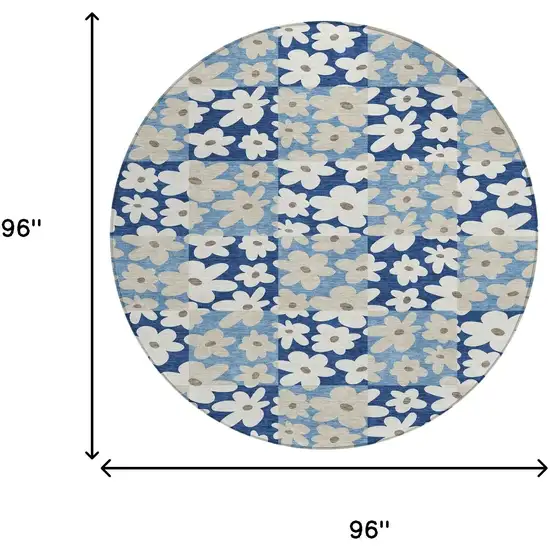 8' Blue And Navy Blue Round Floral Washable Indoor Outdoor Area Rug Photo 8