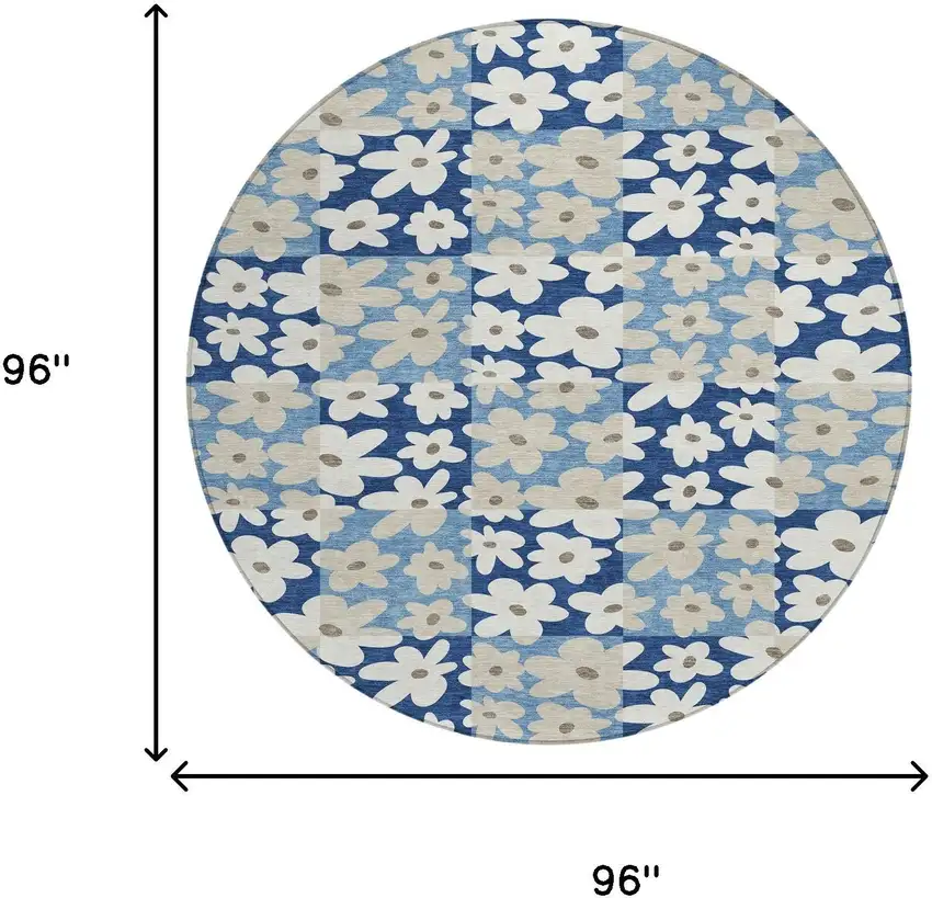 8' Blue And Navy Blue Round Floral Washable Indoor Outdoor Area Rug Photo 8