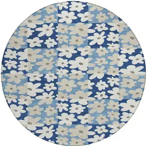 Photo of 8' Blue And Navy Blue Round Floral Washable Indoor Outdoor Area Rug