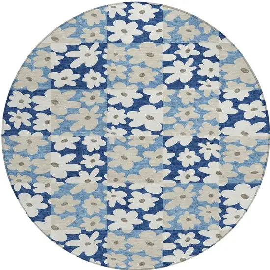 8' Blue And Navy Blue Round Floral Washable Indoor Outdoor Area Rug Photo 3